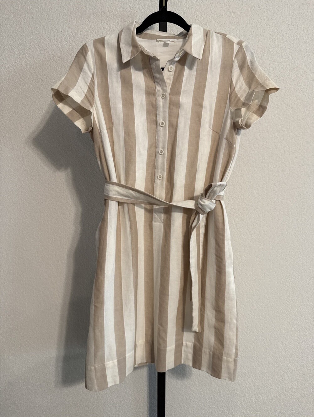 A LOVES A Tan Ivory Striped Shirt Dress w/ Belt Cotton/Linen XS